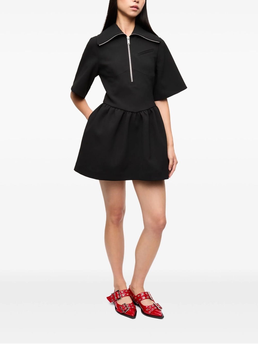 Ganni Black Short-Sleeve Polo Zip Mini Dress